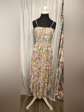 Angie Floral Smocked Maxi Dress Large Cottagecore Boho Rayon Sundress